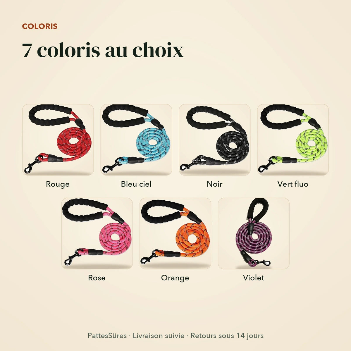 Les 7 coloris de la laisse réfléchissante