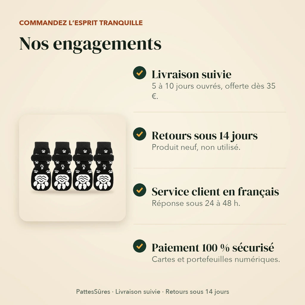 Nos engagements : livraison suivie, retours sous 14 jours, service client en français, paiement sécurisé
