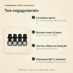 Nos engagements : livraison suivie, retours sous 14 jours, service client en français, paiement sécurisé