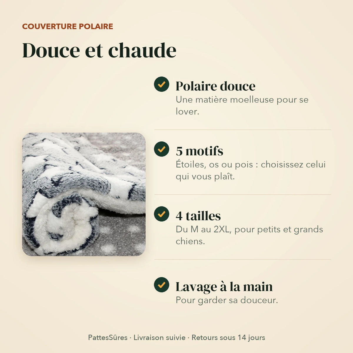 Points forts de la couverture : polaire douce, 5 motifs, 4 tailles