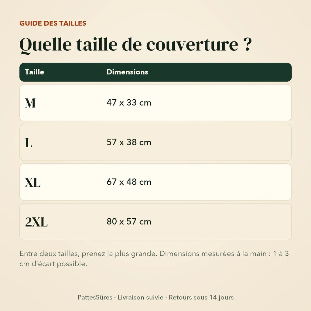 Guide des tailles de la couverture, M à 2XL