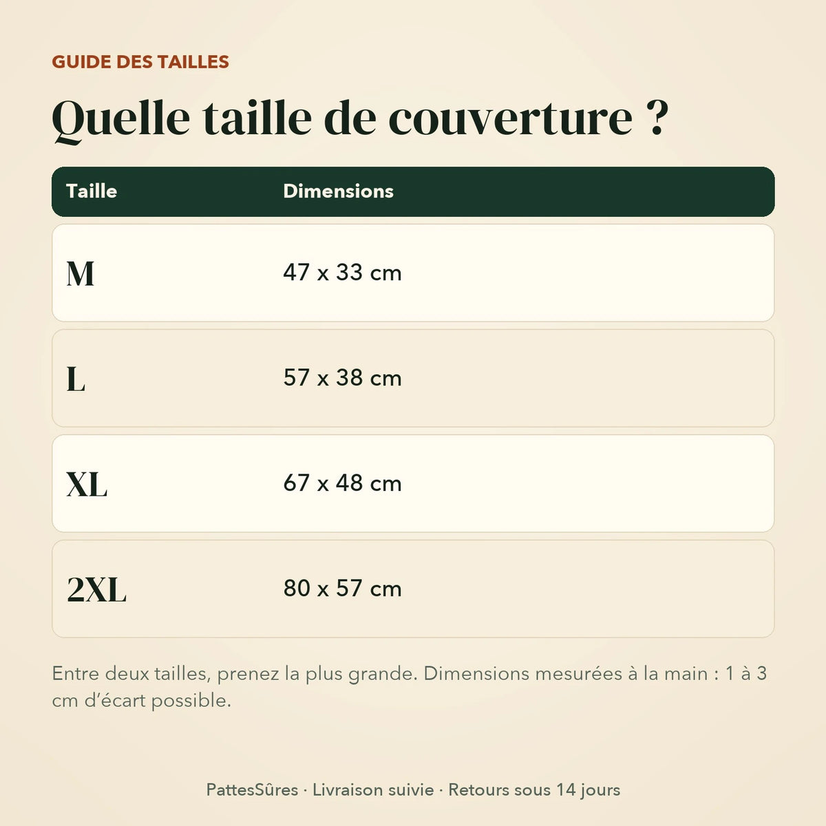 Guide des tailles de la couverture, M à 2XL