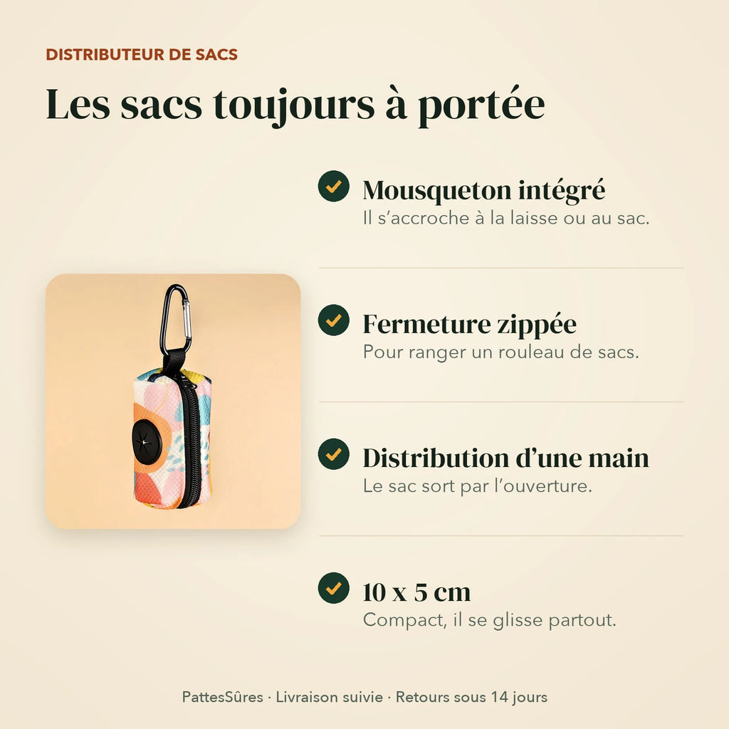 Points forts du distributeur de sacs : mousqueton, fermeture zippée, 10 x 5 cm
