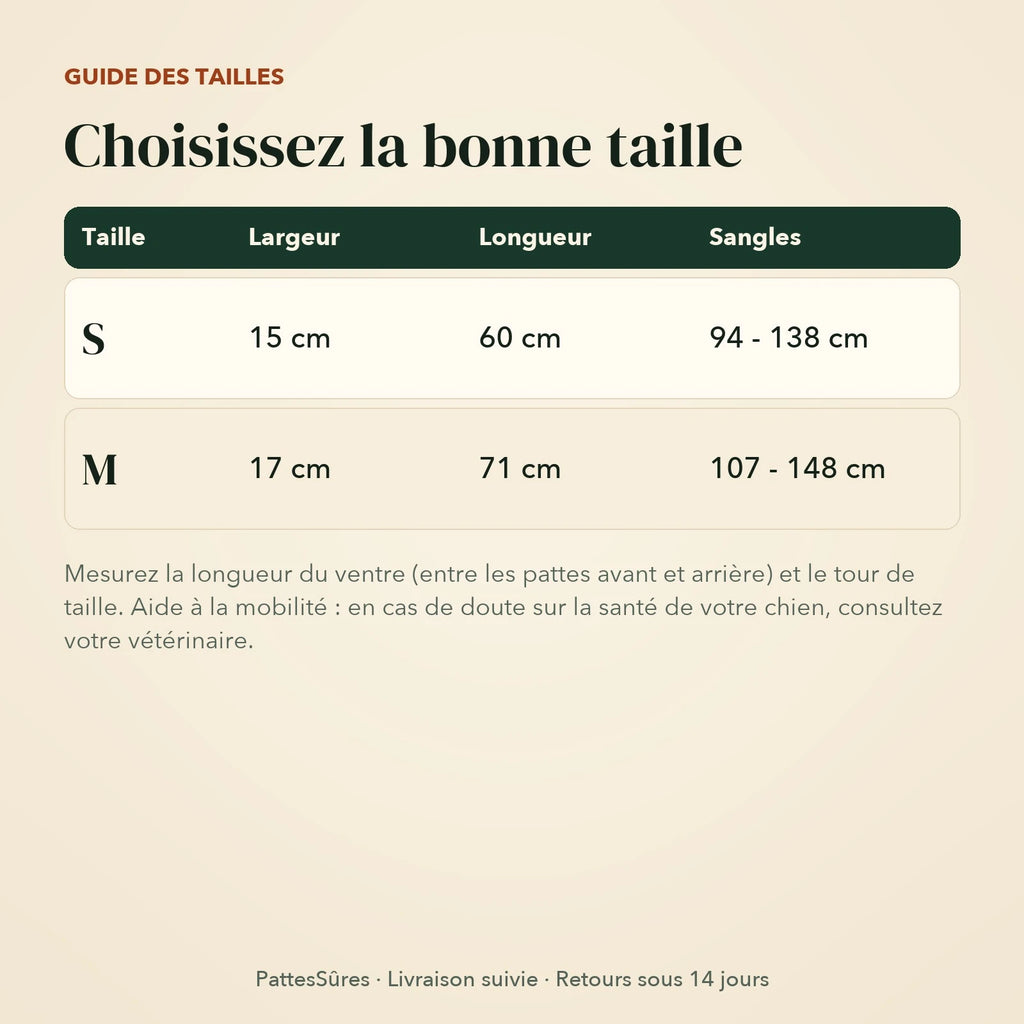 Guide des tailles de la sangle de soutien, S et M