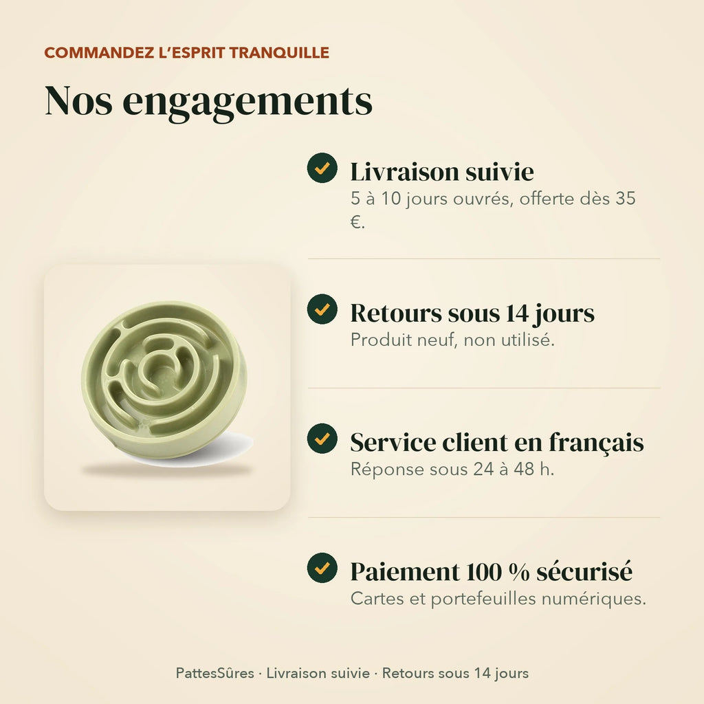 Nos engagements : livraison suivie, retours sous 14 jours, service client en français, paiement sécurisé