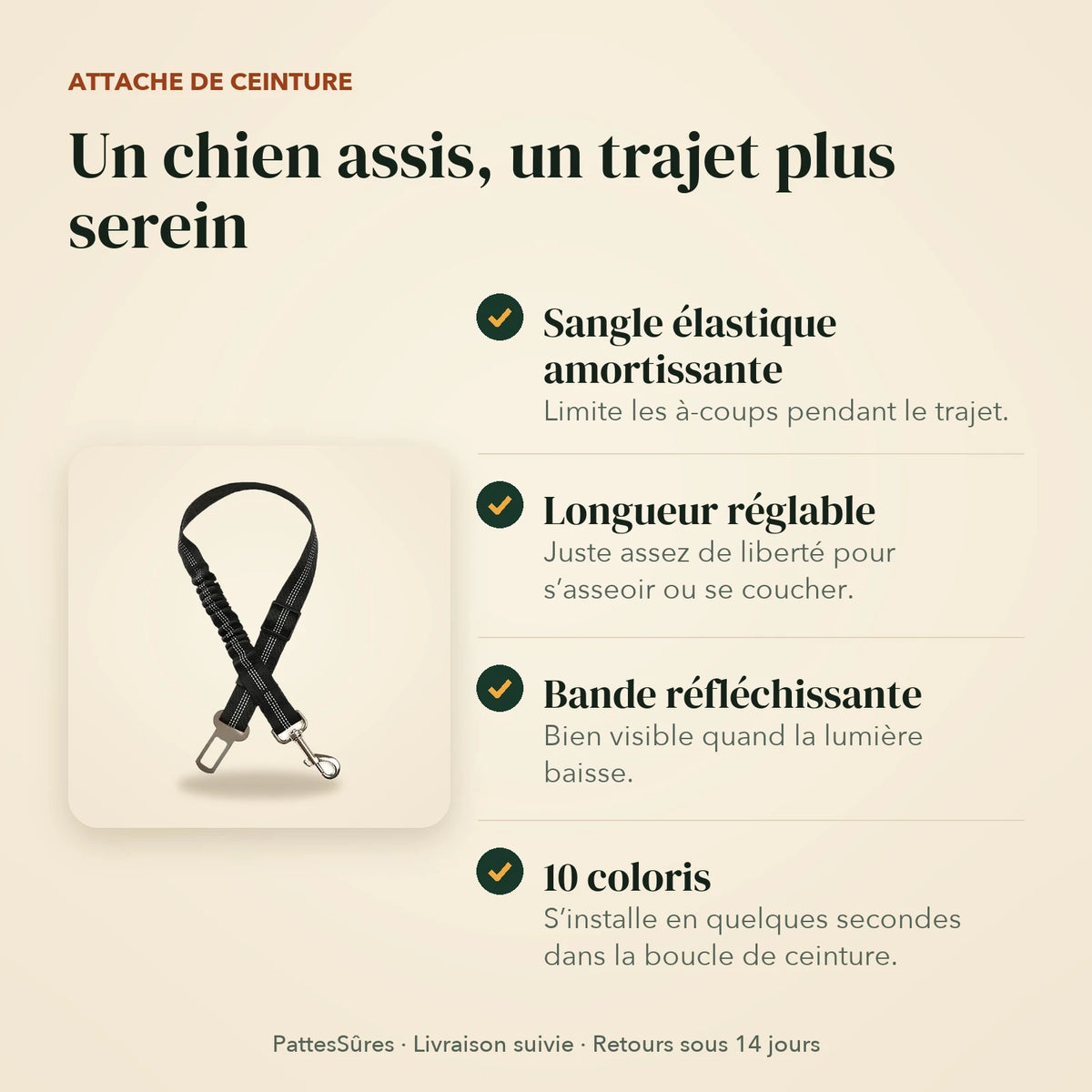Points forts de l’attache de ceinture : sangle élastique, longueur réglable, bande réfléchissante