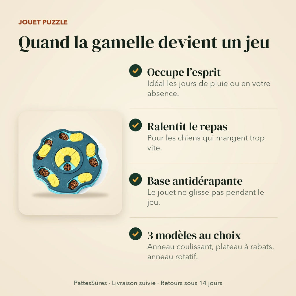 Points forts du jouet puzzle : occupe, ralentit le repas, base antidérapante, 3 modèles