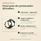 Points forts du harnais anti-traction : double clip, sangles rembourrées, bandes réfléchissantes, poignée