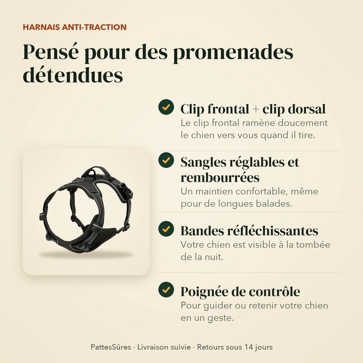 Points forts du harnais anti-traction : double clip, sangles rembourrées, bandes réfléchissantes, poignée