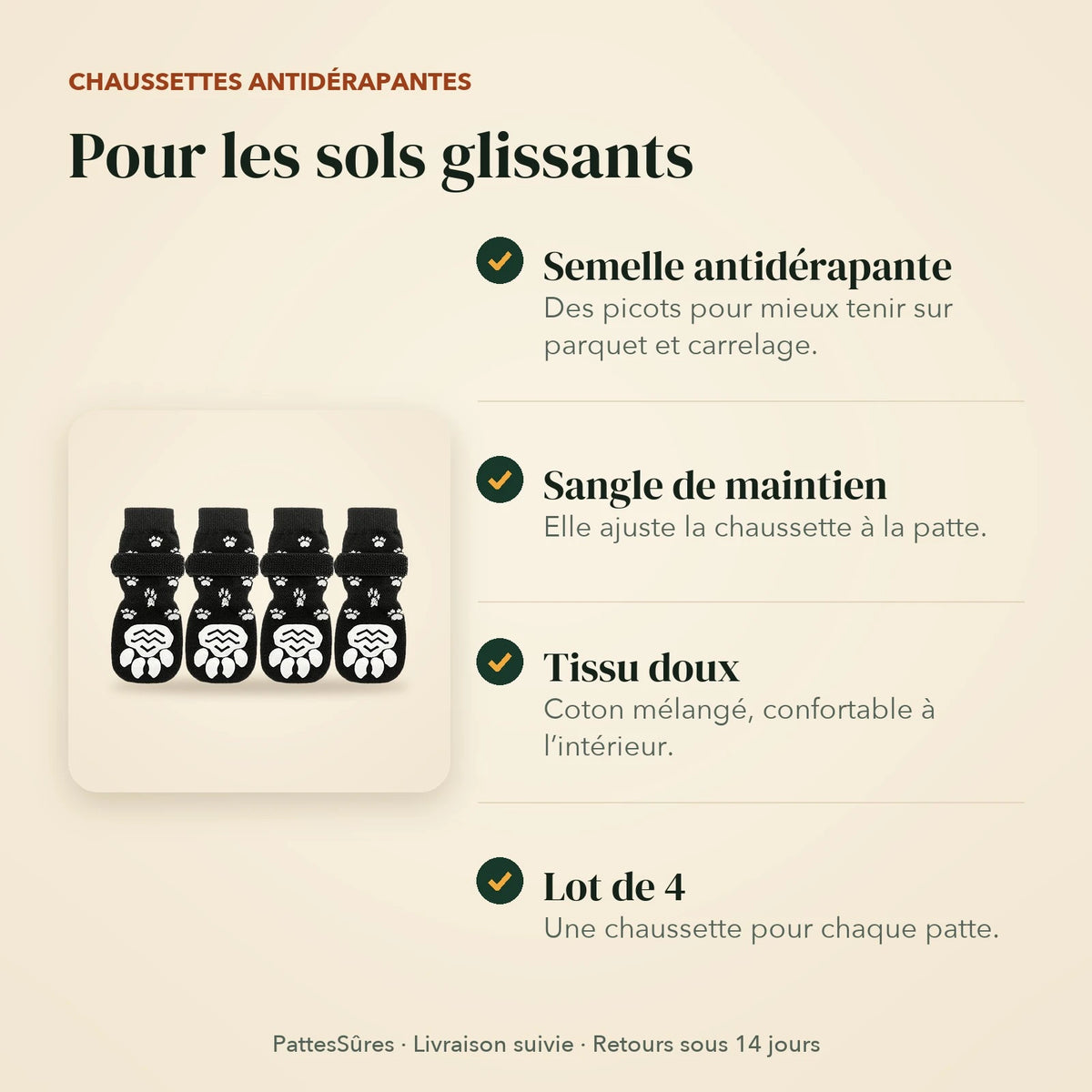 Points forts des chaussettes antidérapantes : semelle antidérapante, sangle de maintien, tissu doux, lot de 4