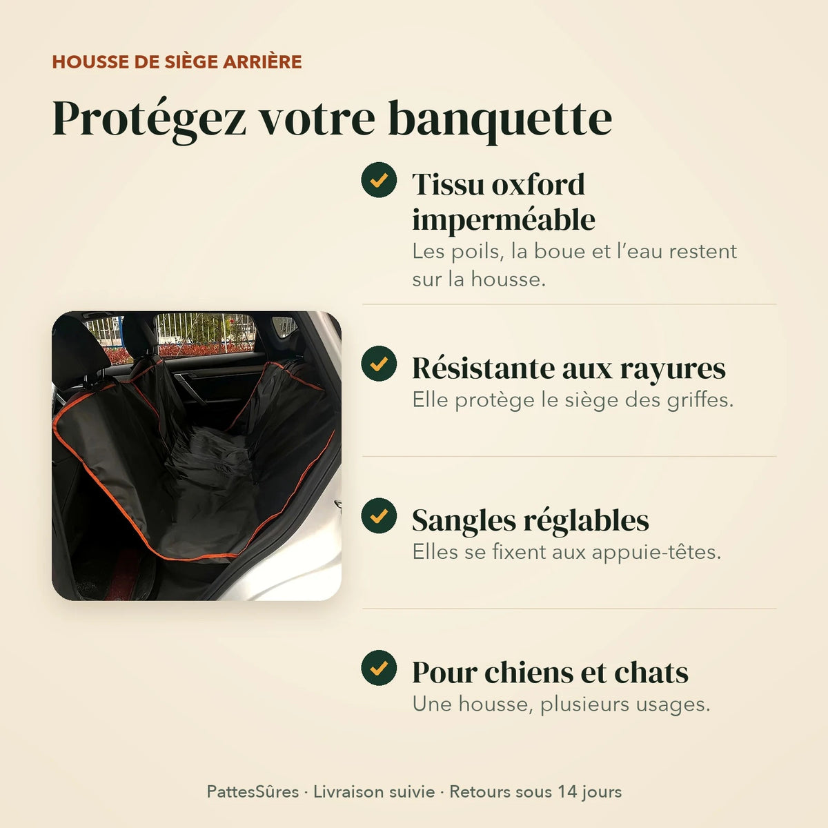 Points forts de la housse : oxford imperméable, résistante aux rayures, sangles réglables