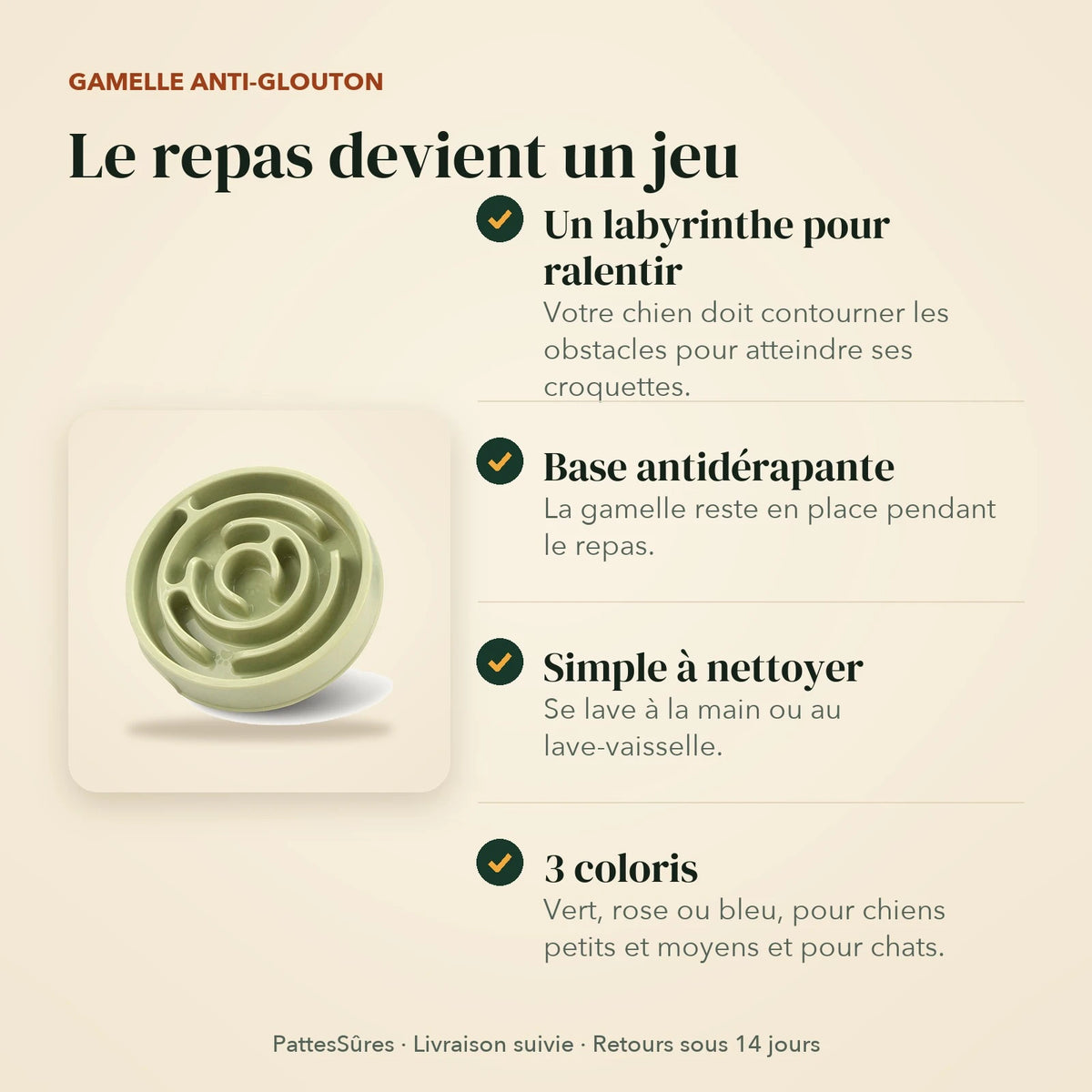 Points forts de la gamelle anti-glouton : labyrinthe, base antidérapante, facile à nettoyer