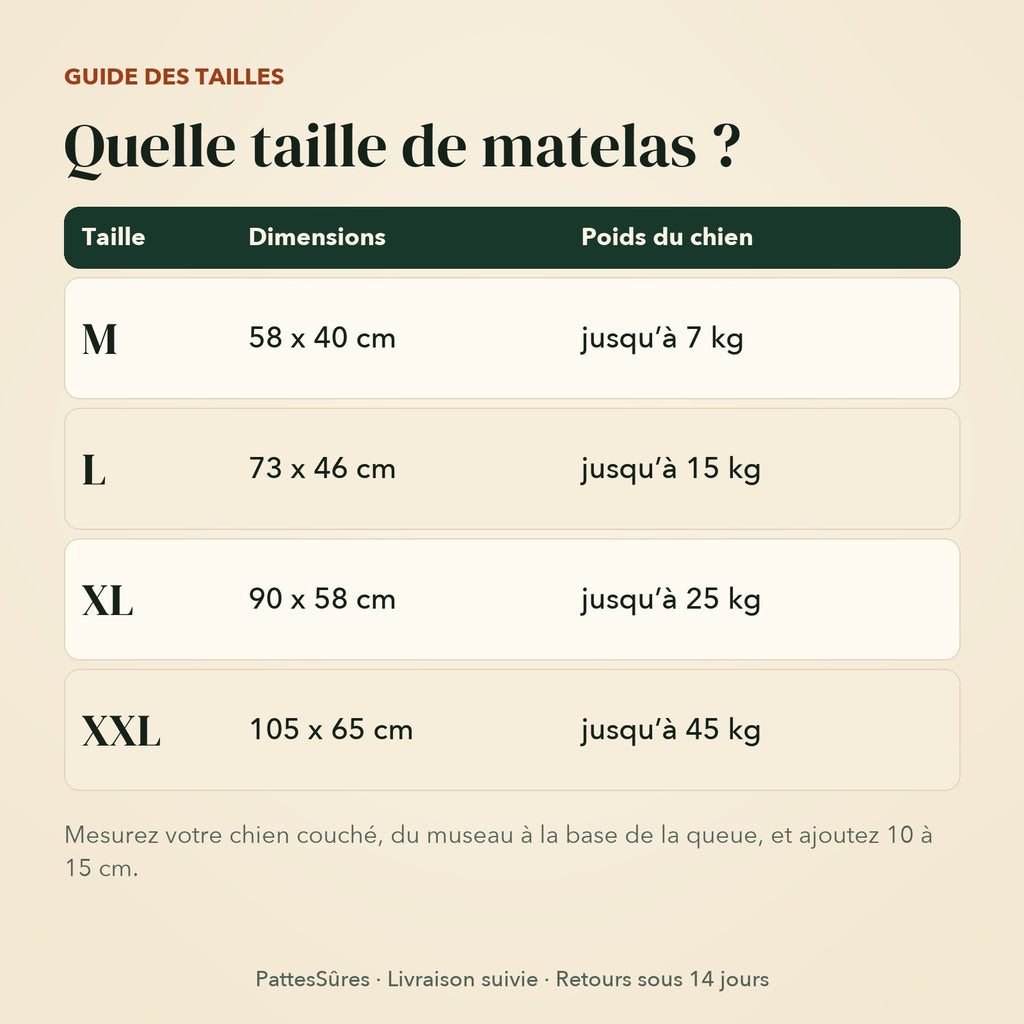 Guide des tailles du matelas pour chien, de M à XXL