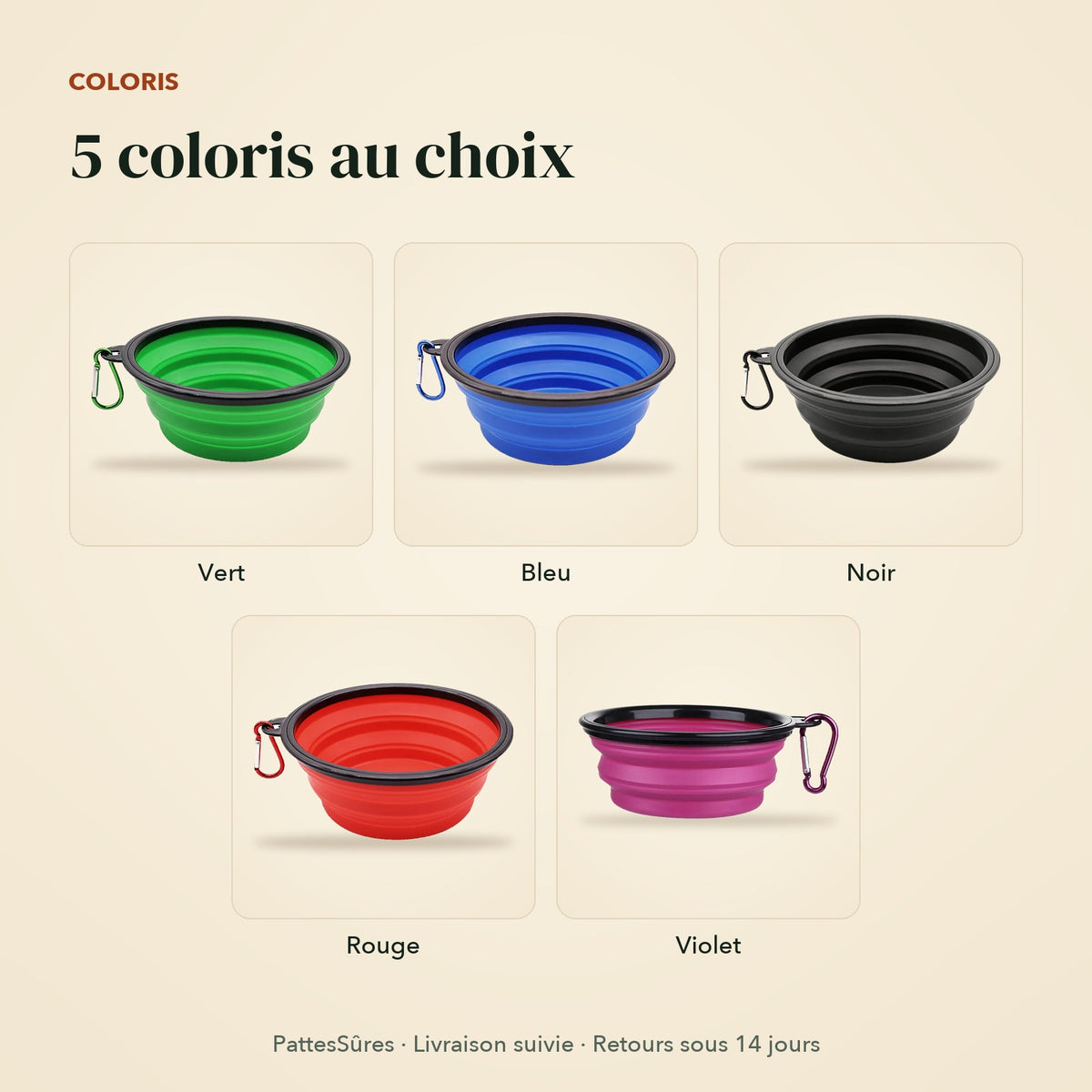 Les 5 coloris de la gamelle de voyage pliable