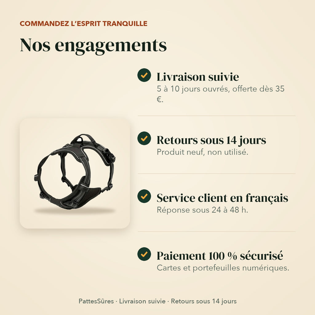 Nos engagements : livraison suivie, retours sous 14 jours, service client en français, paiement sécurisé