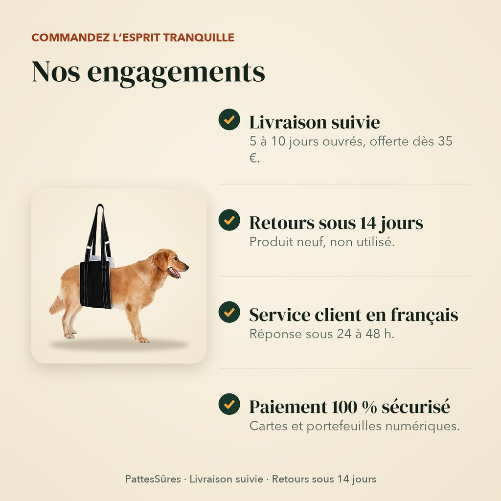 Nos engagements : livraison suivie, retours sous 14 jours, service client en français, paiement sécurisé